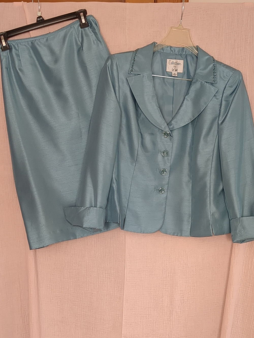 LOOKING FOR A STATEMENT LE SUIT Aqua Blue Satin Skirt Suit - Women's Two-Piece